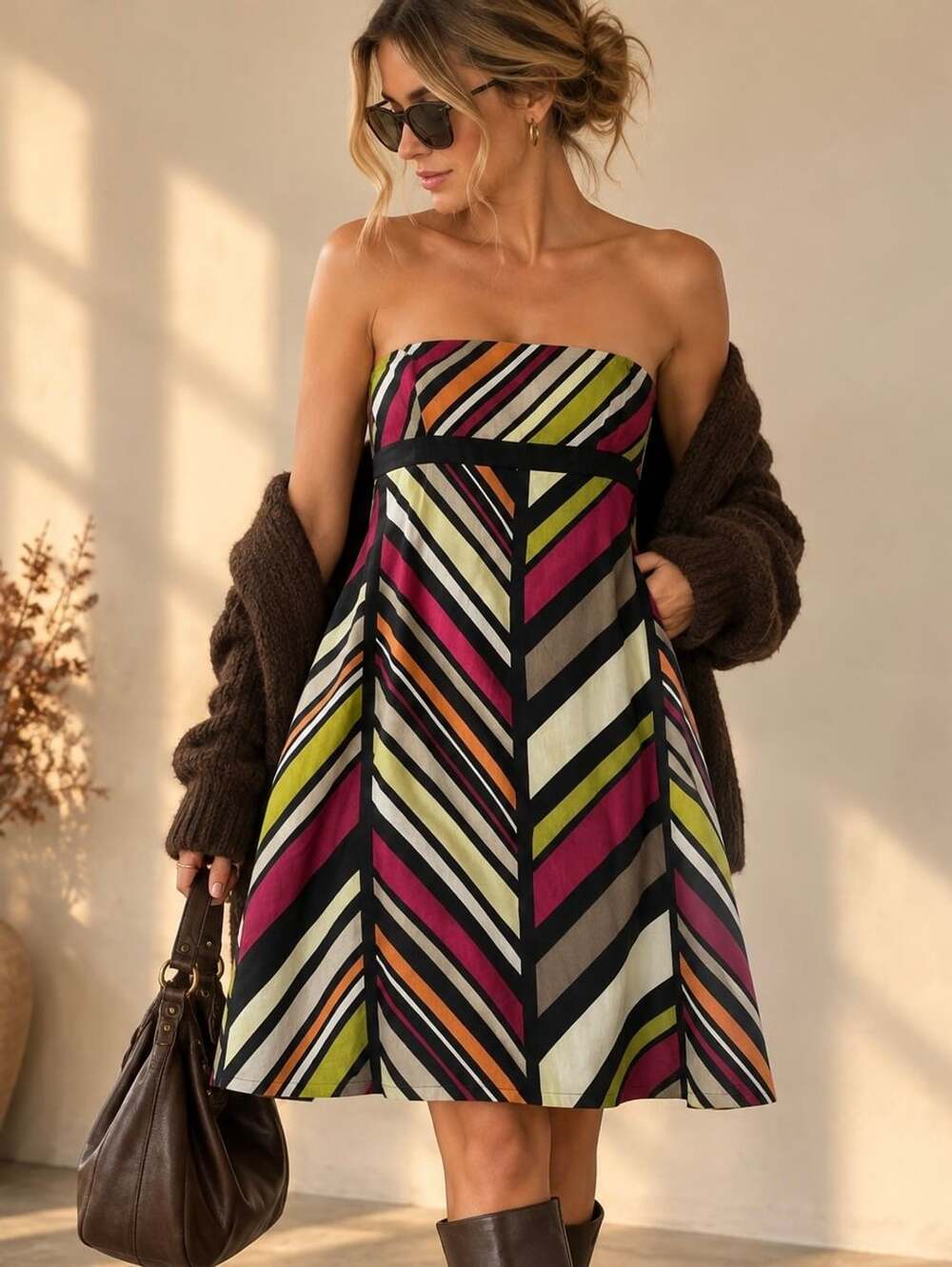Y2K Strapless Chevron Dress 2000s It Girl Mod Geometric Cocktail Size 14